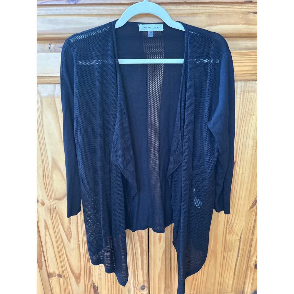 August Silk Black Open Front Cardigan Mesh Knit Draped Waterfall Sweater Medium